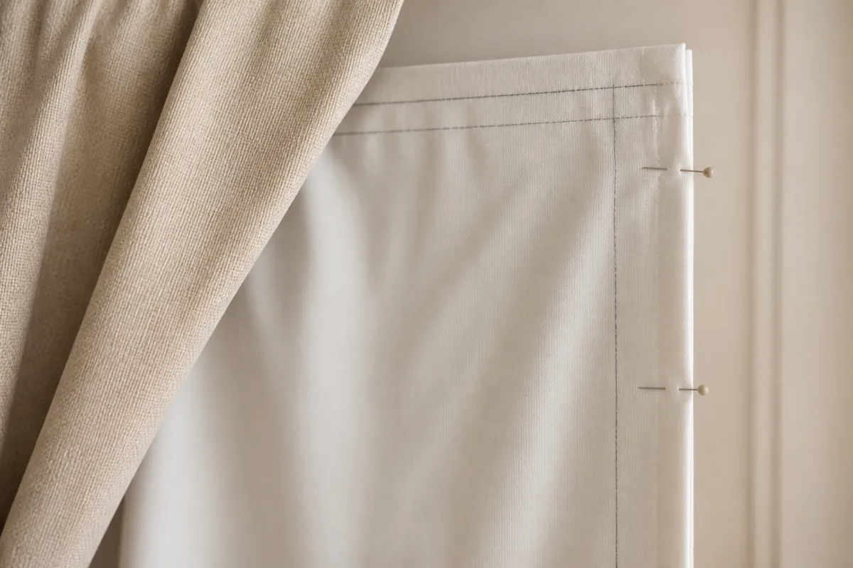 Doublure placée derrière un rideau avec lignes de marquage à 2 cm au crayon textile