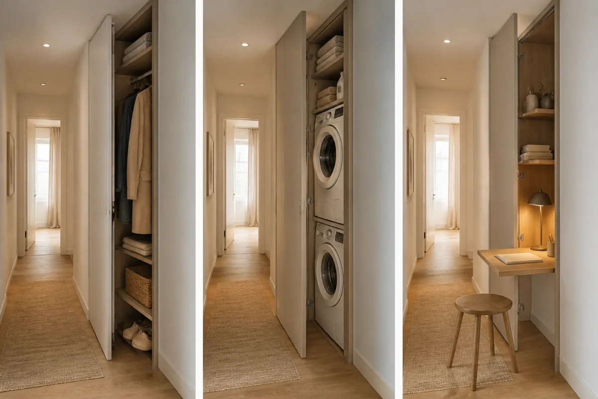Trois mini vues de couloir annotées : dressing 35-45 cm, buanderie 40-50 cm, bureau 30-40 cm