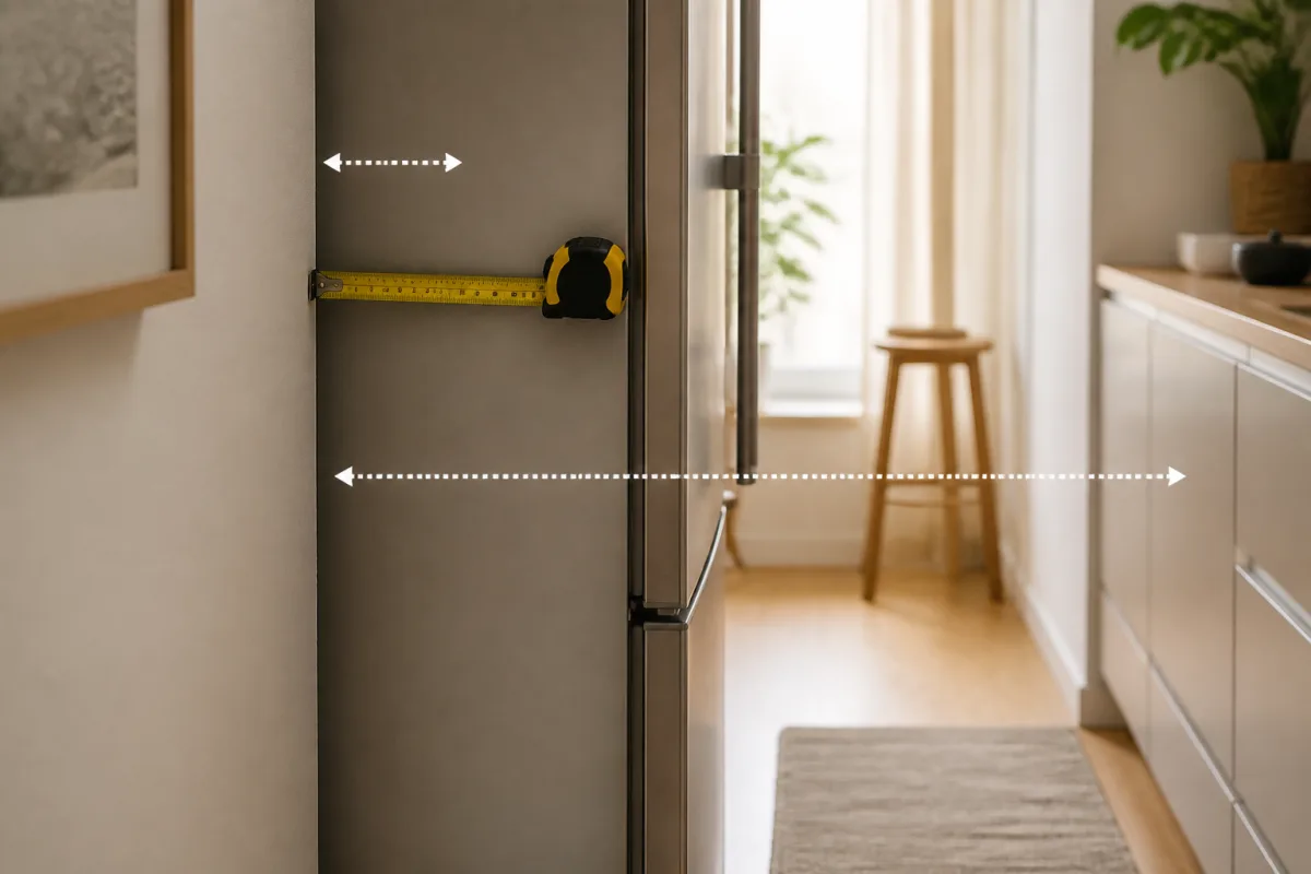Ruban à mesurer indiquant 5-10 cm entre frigo et mur et 80-90 cm de circulation