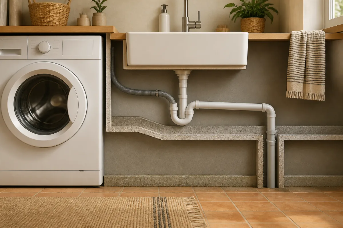 Schéma en coupe d’une évacuation lave-linge avec pente 1-3 cm par mètre et mention DN 40