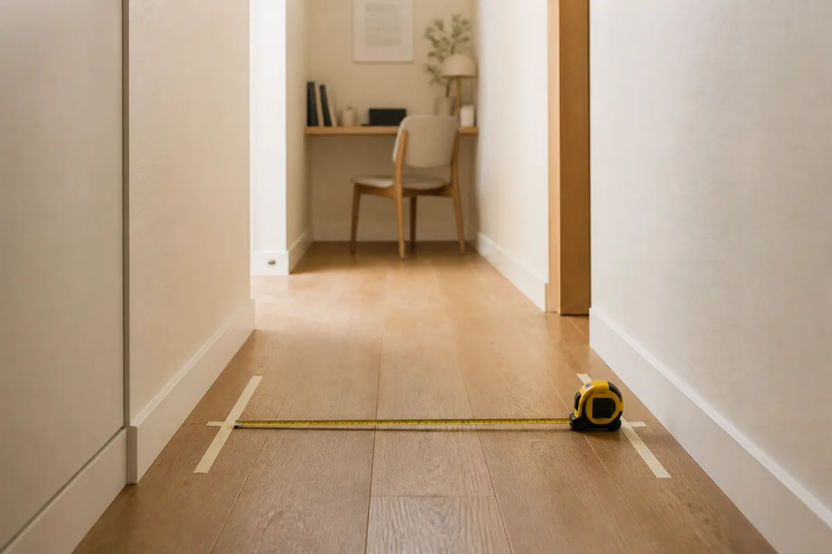 Mètre ruban et ruban de masquage matérialisant 80 cm dans un couloir