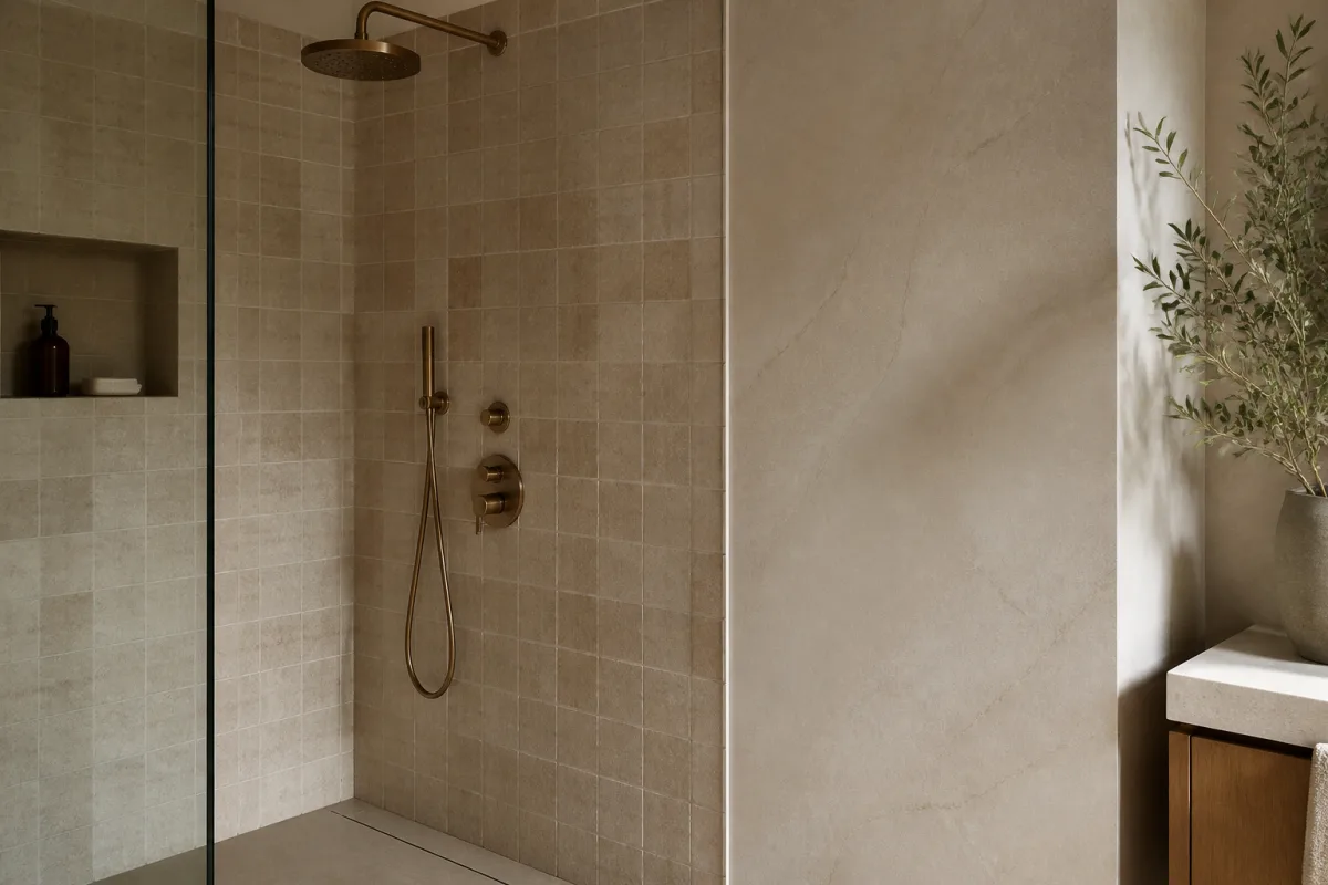 Angle de douche avec carrelage plein et panneau mural lisse en retour