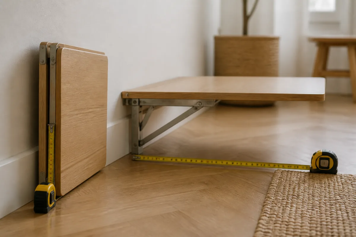 Micro-table pliée avec mètre ruban montrant épaisseur et profondeur