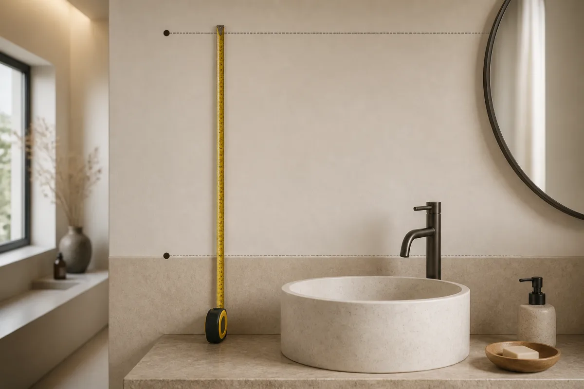 Mètre ruban contre un mur avec marques à 60 cm et 2,25 m