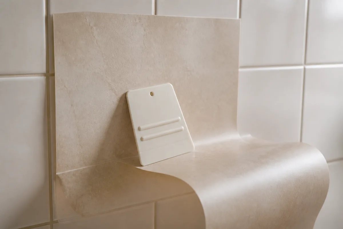 Pose d’un film pour carrelage en cours, outil de marouflage chassant l’air sur une faïence