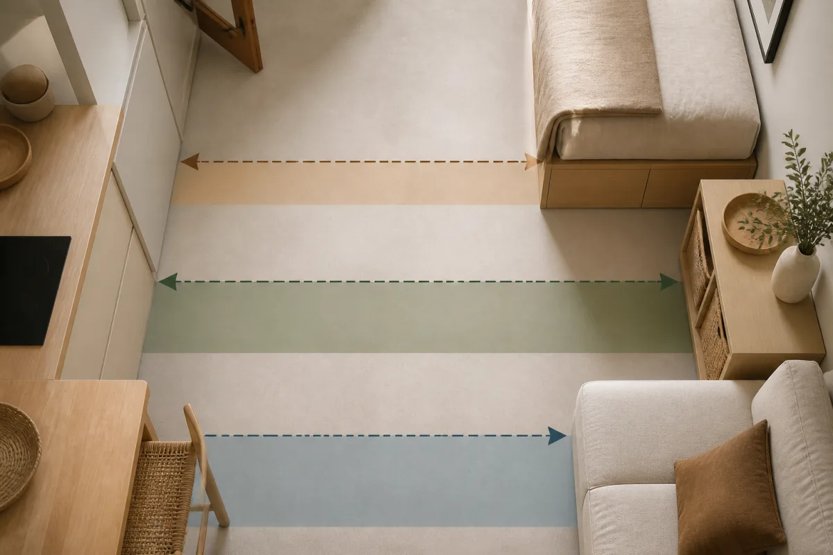 Bandeaux comparatifs de largeur : 55 cm, 60-80 cm, 80-100 cm devant un meuble
