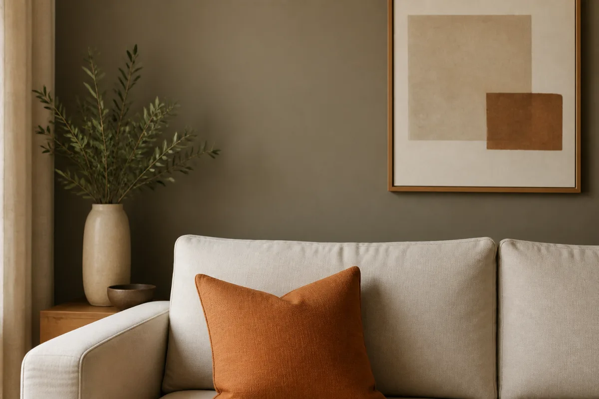 Pan de mur mi‑ton derrière canapé clair avec coussin d’accent