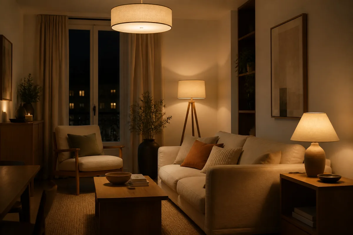Séjour petit espace éclairé par plafonnier doux, lampadaire et lampe de table