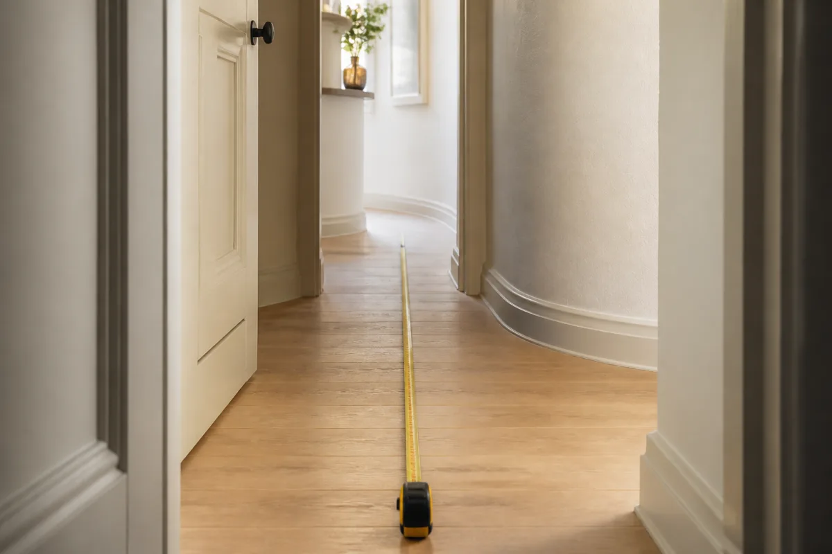 Mètre ruban dans un couloir étroit mesurant la largeur utile pour le passage d’un meuble