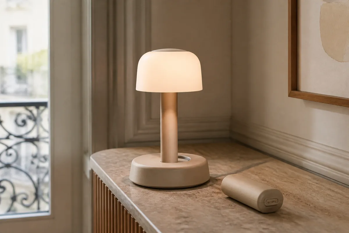 Lampe rechargeable sur console avec batterie amovible et socle large