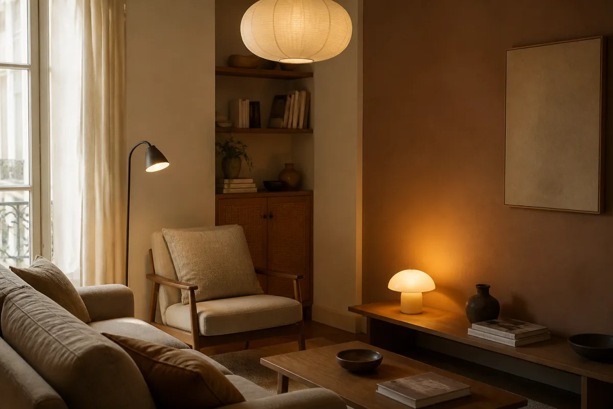 Coin salon avec suspension, lampe de lecture et lampe basse éclairant un mur chaud
