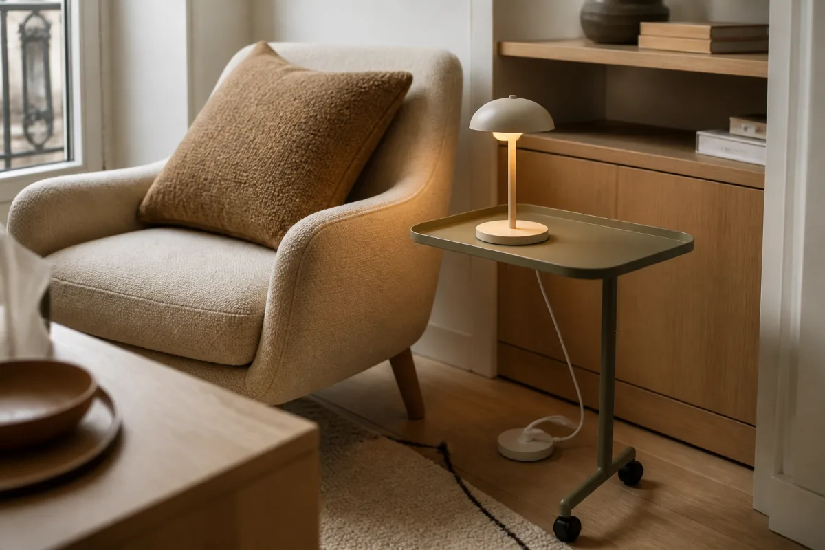Lampe rechargeable sur une table près d’un fauteuil, distance de lecture d’environ 40-60 cm