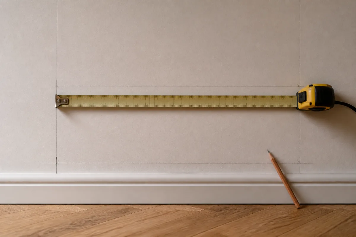 Ruban à mesurer et marques au crayon indiquant 120-240 cm et marge de 2-3 cm au bas du mur