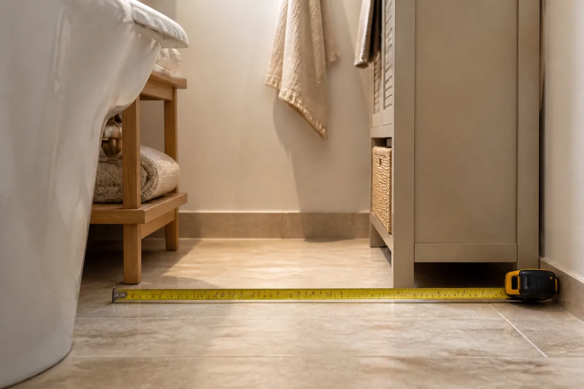 Mètre ruban posé au sol indiquant 60 cm entre lavabo et meuble