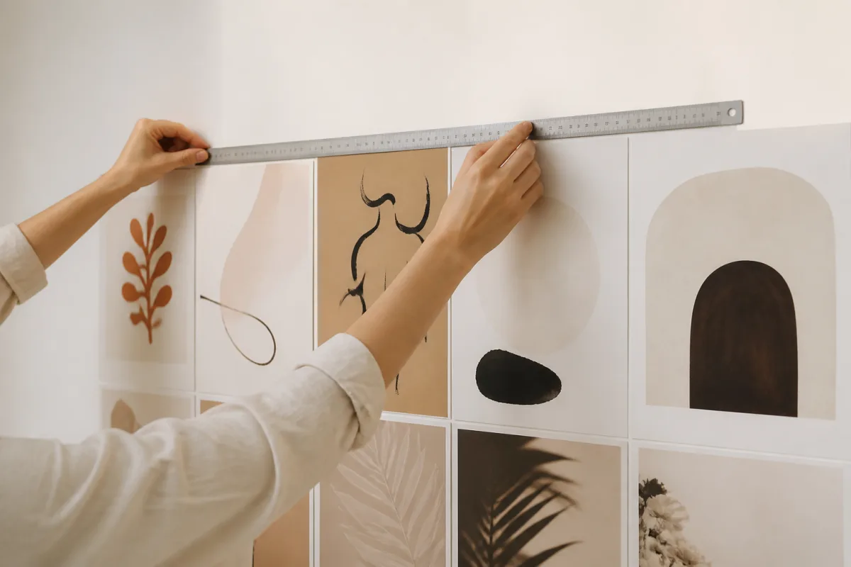 Pose d’une rangée d’affiches bord à bord avec règle longue pour alignement