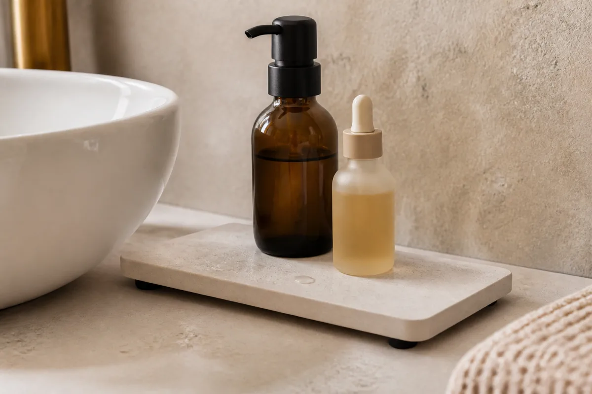 Plateau en diatomite sur le bord du lavabo avec flacons, conçu pour absorber les gouttes